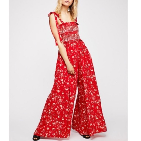 Free People Pants - Free people color my world floral red jumpsuit